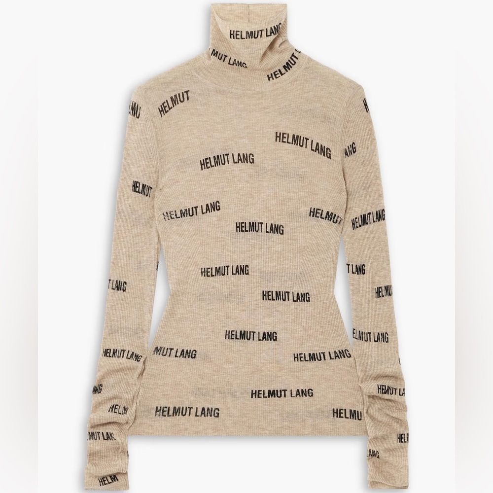 HELMUT LANG Logo Printed ribbed wool turtleneck top